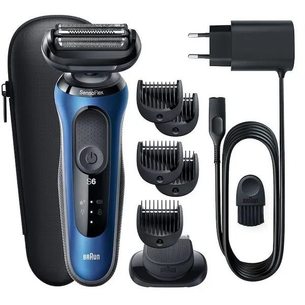 BRAUN Aparat de ras electric Braun Series 6 61-B1500s Wet&Dry, AutoSense ,4 elemente de taiere, SensoFlex, accessorii pentru ingrijirea barbii,Trusa de voiaj, Albastru