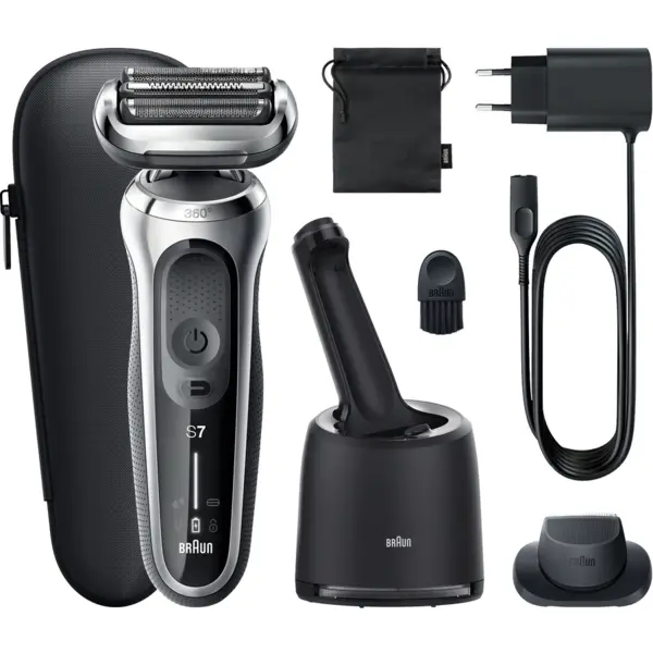 BRAUN Aparat de ras electric Braun Series 7 71-S7200cc Wet&Dry, 4 elemente de taiere, SensoFlex, AutoSense, Statie de incarcare si curatare Smart Care, Trusa de voiaj, Argintiu