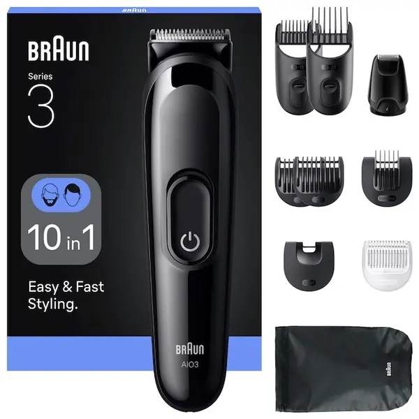 BRAUN Aparat de tuns multifunctional Braun All-in-One Seria 3 AIO3560, 10-in-1, Lama ultra ascutita, 7 Piepteni, Mini Cap de ras, Cap de tuns sprancene, 14 Setari de lungime, Autonomie 50 minute, Negru