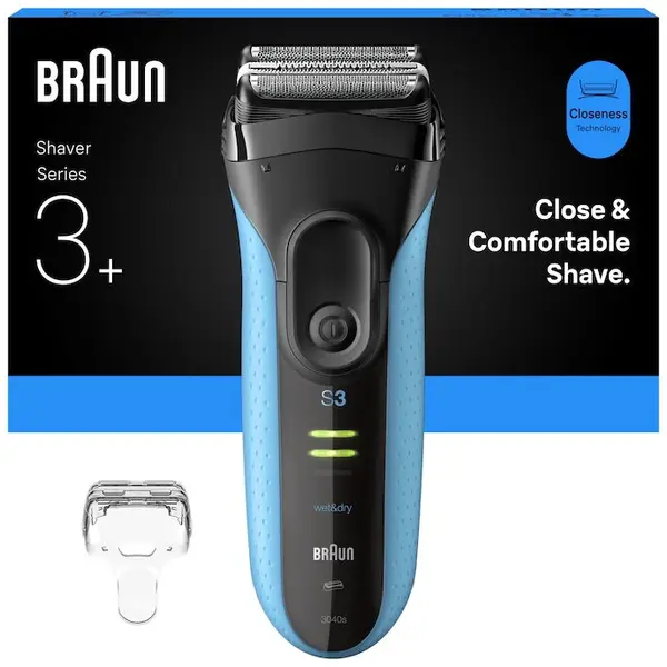 BRAUN Aparat electric de ras Braun Seria 3+ 3040S, 3 Lame Flexibile, Microcomb pentru eficienta, Accesoriu pentru tuns eficient, Utilizare umeda/uscata, Fabricat in Germania, Albastru