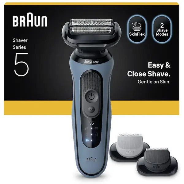 BRAUN Aparat electric de ras Braun Seria 5 52-A1650S, Autonomie pana la 50 min, 1x Accesoriu de ingrijire corporala, 1x Accesoriu de tuns barba, Fara fir, Utilizare umeda/uscata, 100% Rezistent la apa, Azur