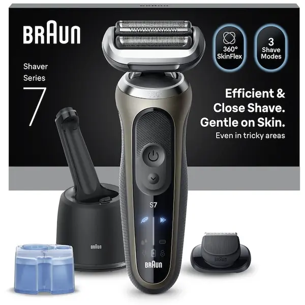 BRAUN Aparat electric de ras Braun Seria 7 72-C7200CC, Autonomie pana la 60 de minute, Statie SmartCare 4-in-1, 1x Accesoriu pentru tuns eficient, Fara fir, Utilizare umeda/uscata, 100% Rezistent la apa, Auriu