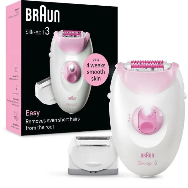BRAUN Epilator Braun Silk-epil 3 3-031, MicroGrip, Smart Light, 20 de pensete, Cap de ras + Pieptene, 2 viteze, Roz