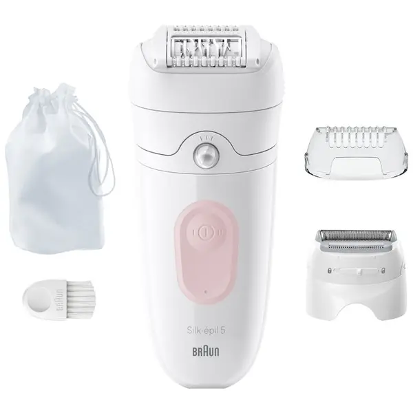 BRAUN Epilator Braun Silk-épil 5 5-030 Wet & Dry, MicroGrip, Smart Light, 28 de pensete, 2 viteze, Cap de ras + Pieptene, Saculet de voiaj, Alb/Flamingo