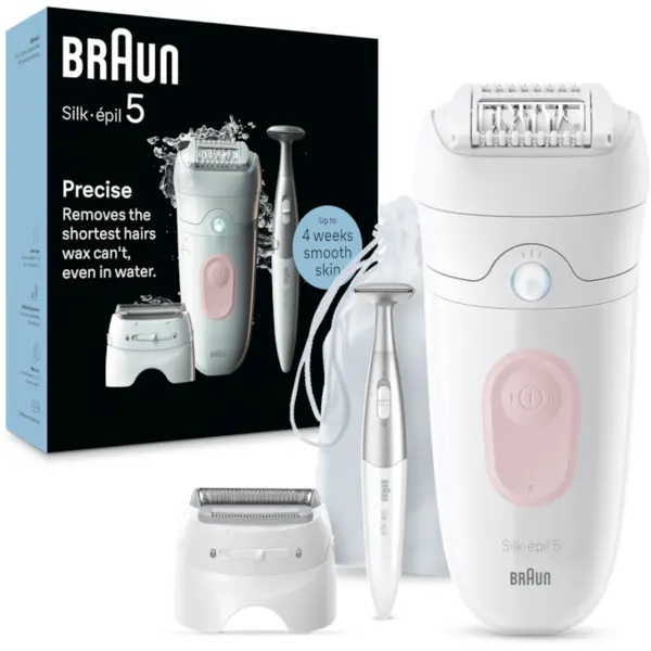 BRAUN Epilator Braun Silk-épil 5 5-230 Wet & Dry, MicroGrip, Smart Light, 28 de pensete, 2 viteze, Trimmer Bikini + 5 accesorii, Cap de ras + Pieptene, Saculet de voiaj, Roz pal