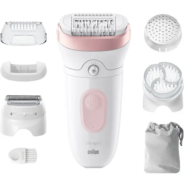 BRAUN Epilator Braun Silk-épil 7 7-060 SkinSpa, Wet & Dry, MicroGrip, Smart Light, 40 de pensete, 2 viteze, Cap de ras + Pieptene, 1 Cap pentru exfoliere, 1 Capac, Saculet de voiaj, Alb/Roz