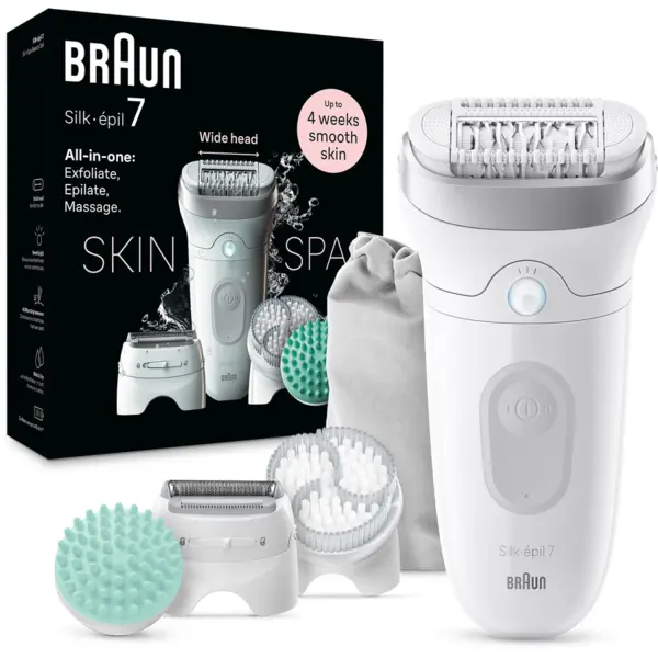 BRAUN Epilator Braun Silk-épil 7 7-081 SkinSpa, Wet & Dry, MicroGrip, Smart Light, 40 de pensete, 2 viteze, Cap de ras + Pieptene, Cap pentru exfoliere, Cap pentru masaj, Saculet de voiaj, Alb/Gri
