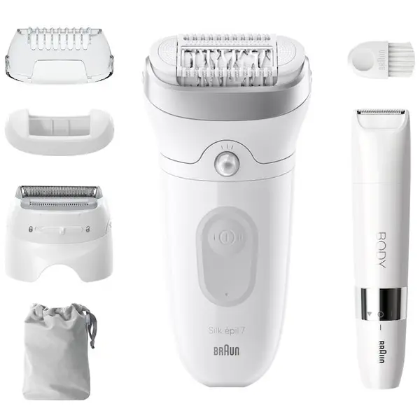 BRAUN Epilator Braun Silk-épil 7 7-441 SkinSpa, Wet & Dry, MicroGrip, Smart Light, 40 de pensete, 2 viteze, Trimmer pentru corp, Cap de ras + Pieptene, 1 Capac, Saculet de voiaj, Alb/Argintiu