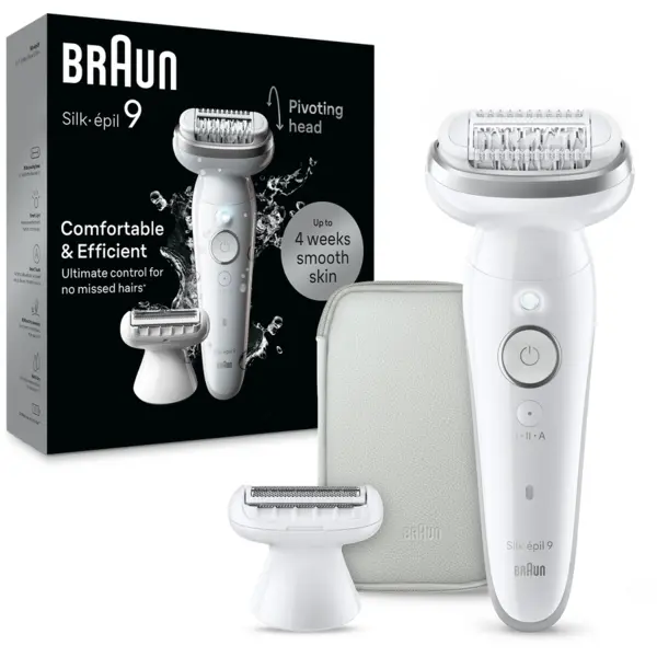 BRAUN Epilator Braun Silk-épil 9 9-041 Wet & Dry, MicroGrip, Smart Light, 2 viteze, 40 pensete, Cap de ras + Pieptene, 1 capac, Geanta de voiaj, Alb/Argintiu