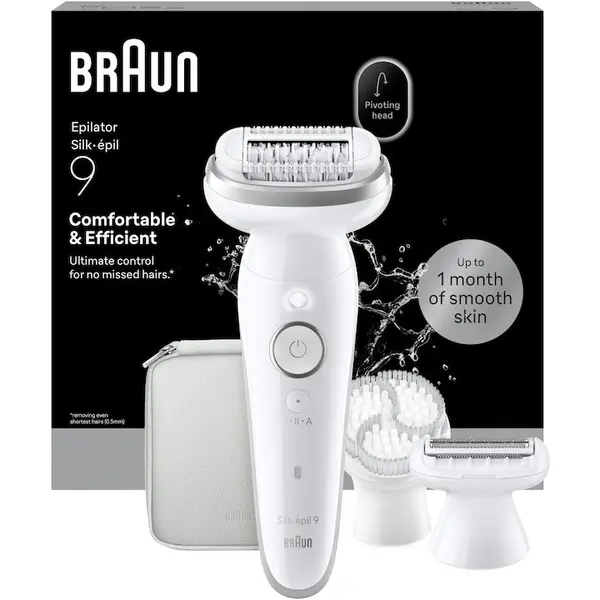 BRAUN Epilator Braun Silk-épil 9 9-061, Wet & Dry, Smart Touch, 40 de pensete, 2 viteze, Cap de ras + Pieptene pentru tuns, Cap pentru exfoliere, Geanta de voiaj, Alb/Argintiu