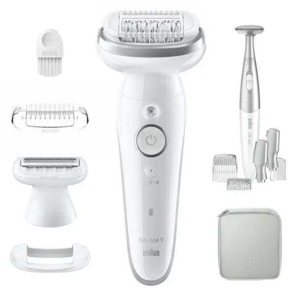 BRAUN Epilator Braun Silk-épil 9 9-241 Wet & Dry, MicroGrip, Smart Light, 2 viteze, 40 pensete, Trimmer bikini + accesorii, Cap de ras + Pieptene, 1 capac pentru contactul cu pielea, Geanta de voiaj, Alb/Gri