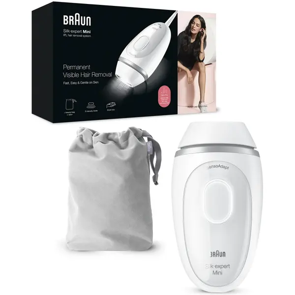 BRAUN Epilator IPL Braun IPL Silk·expert Mini PL1124, SensoAdapt, 300.000 impulsuri, 3 niveluri de intensitate, corp si fata, aparat de ras Venus, Saculet de calatorie, Alb/Gri