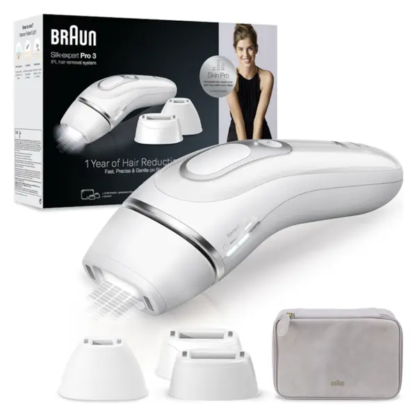 BRAUN Epilator IPL Braun Silk-expert PRO 3 PL3230 Senzor automat & continuu Skin pro, 300.000 impulsuri, 3 niveluri de intensitate, 100 de impulsuri pe minut, Trusa de voiaj, Alb/Silver