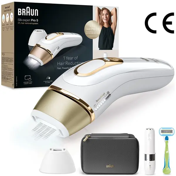 BRAUN Epilator IPL Braun Silk-expert PRO 5 PL5146 Senzor automat & continuu Skin pro 2.0, 400.000 impulsuri, 10 niveluri de intensitate, 125 de impulsuri pe minut, Cap de precizie, Trusa de voiaj, Aparat de ras Venus, Alb