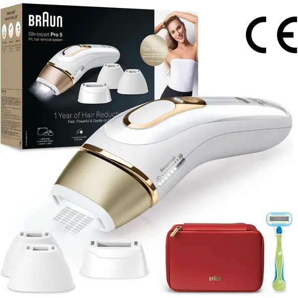BRAUN Epilator IPL Braun Silk-expert PRO 5 PL5382 Senzor automat & continuu Skin pro 2.0, 400.000 impulsuri, 10 niveluri de intensitate, 125 de impulsuri pe minut, 2 Capete de precizie, 1 Cap lat, Trusa de voiaj, Aparat de ras Venus, Auriu