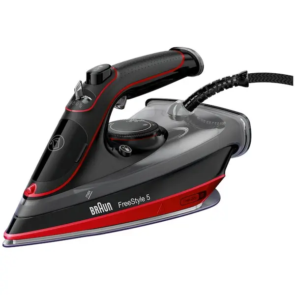BRAUN Fier de calcat Braun FreeStyle 5 SI5057RD, 2700W, jet de abur 220g/min, abur variabil 0-50 g/min, talpa SuperCeramic, rezervor 300 ml, tehnologie FreeGlide, oprire automata, sistem antipicurare, negru/rosu