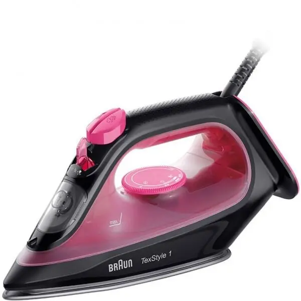 BRAUN Fier de calcat Braun TexStyle 1 SI1070PU, 2000 W, abur variabil 25g/min, jet de abur 130g/min, rezervor 220 ml, talpa ceramica, sistem antipicurare, Negru/Violet