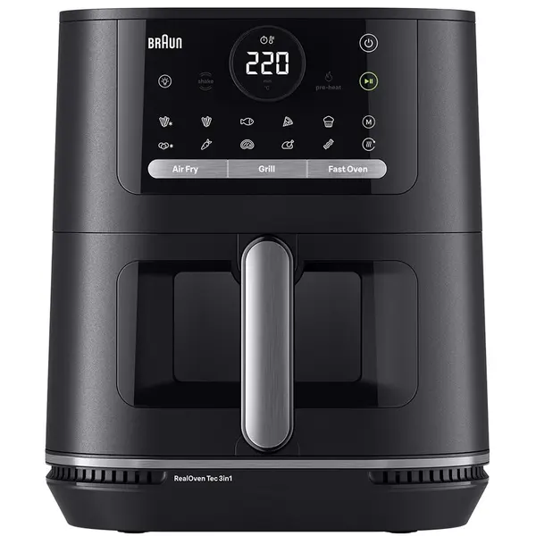BRAUN Friteuza cu aer cald, fara ulei, Braun MultiFry 5 HF5075, 3in1: air fryer, grill si cuptor, 2000 W, 1.6 L, tehnologie RealOven, 20 programe automate, sertar si grill cu invelis ceramic fara PFAS, temperatura ajustabila, oprire automata, Negru