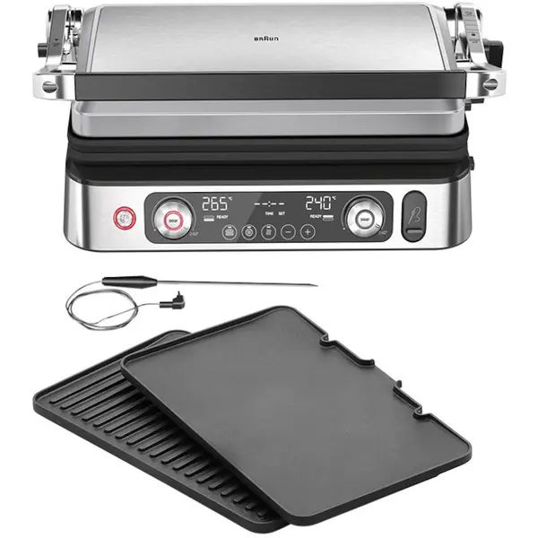 BRAUN Gratar electric Braun MultiGrill 9 Pro CG9160, 2200 W, 3 moduri de gatire, 2 zone de gatit, 3 programe automate, sonda termica, 1 set placi detasabile, deschidere 180°, functie Sear, tava scurgere detasabila, argintiu