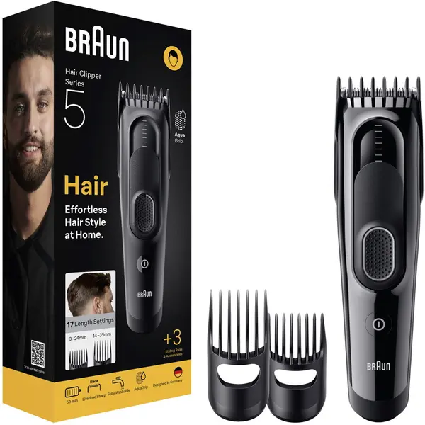BRAUN Masina De Tuns Braun Seria 5 HC5530, +3 Accesorii de tuns, Lama Ascutita Pe Toata Durata De Utilizare A Produsului, 17 Setari de lungime, Blocare a setarilor recente, Autonomie 50 Min, Rezistent la apa, Negru Mat