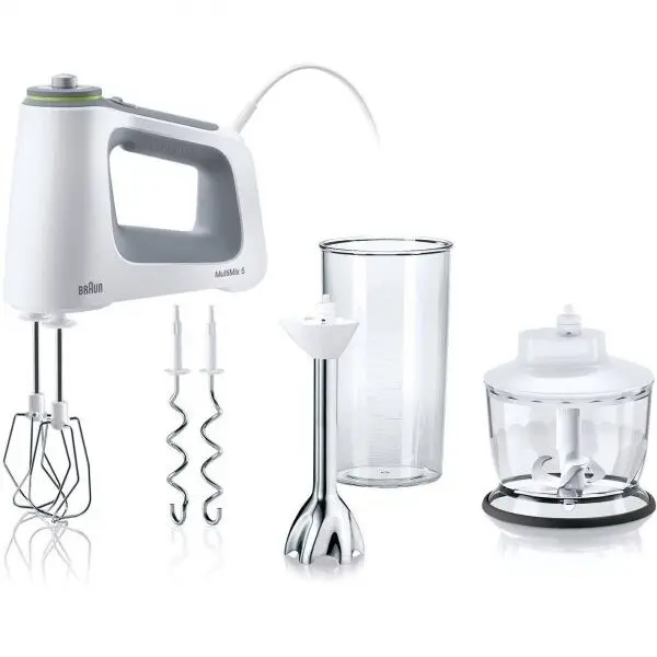 BRAUN Mixer de mana Braun HM5137WH, 750 W, 9 viteze + Turbo, Pahar gradat 0.6L, Tocator 0.5l, Picior pasator inox, 2 palete, 2 carlige, Alb/Gri