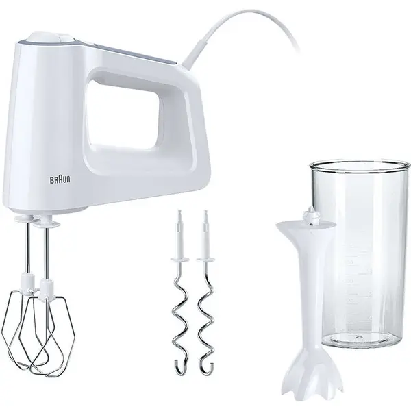 BRAUN Mixer de mana Braun MultiMix 3 HM3105WH, 500 W, 5 viteze + Turbo, Tehnologie SmartMix, 2 teluri, 2 carlige pentru aluat, pahar gradat 600 ml, picior pasator, Alb
