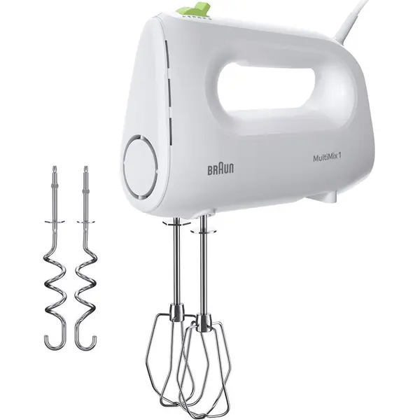 BRAUN Mixer de mana Braun MultiMix HM1110WH 0X22211060, 450 W, 4 viteze + Turbo, Tehnologie FastMix, 2 teluri, 2 carlige pentru aluat, Alb
