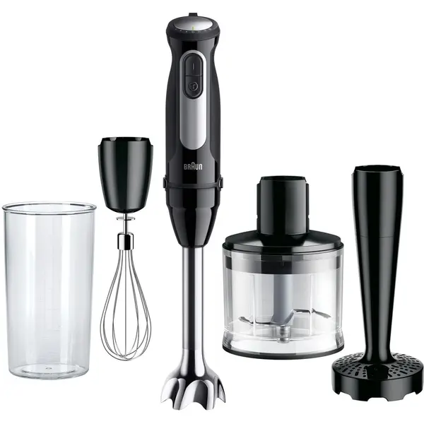 BRAUN Mixer vertical Braun MQ55307M, 1000 W, 25 trepte viteza, Functie Turbo, Tocator 500 ml, Accesoriu piure, Pahar gradat 600 ml, Tel, Negru-Inox