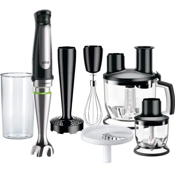 BRAUN Mixer vertical Braun MQ7087X, 1000 W, Pahar gradat 0.6 l, Procesor alimente 1.5l, Tocator 0.35l, Accesoriu piure, Tel, viteza variabila, Negru