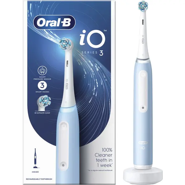 BRAUN Periuta de dinti electrica Oral-B iO3 cu Tehnologie Magnetica si Micro-Vibratii, Senzor de presiune Smart, 3 moduri, 1 capat, albastru