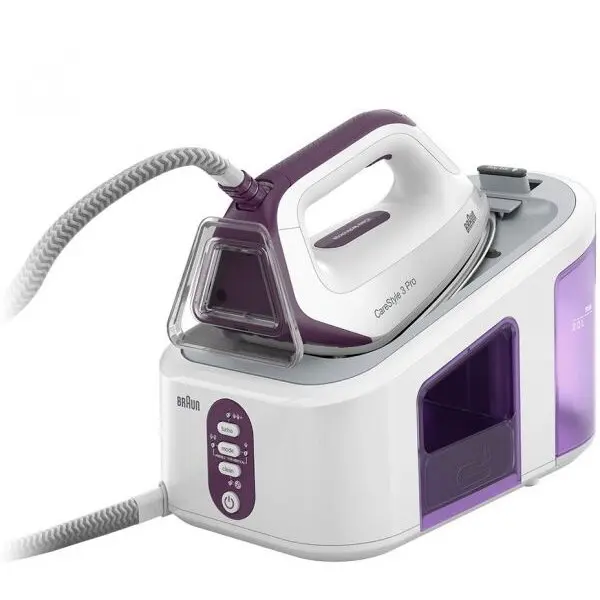 BRAUN Statie de calcat Braun CareStyle 3 Pro IS3155VI, 6,5 bar, abur variabil 125g/min, jet de abur 430g/min, rezervor 2L, talpa EloxalPlus, tehnologie FreeGlide 3D, Alb/Violet