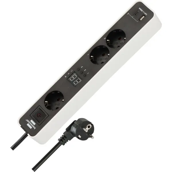 Brennenstuhl Prelungitor Brennenstuhl Ecolor, 3 prize, countdown, 1 USB-A, 1 USB-C, Buton On/Off, cablu 1,5 m, H05VVF 3G1,5, alb negru