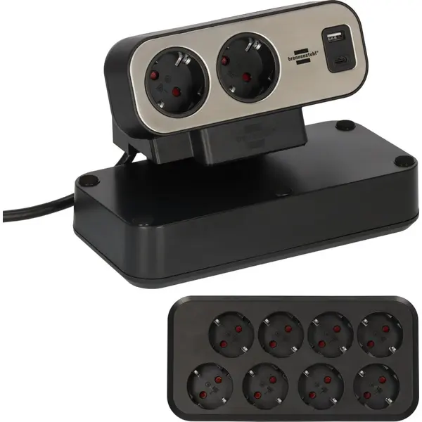 Brennenstuhl Prelungitor pentru birou Brennenstuhl estilo Duplex Desktop, 10 prize, 1 USB, 1 USB-C 30W, intrerupator iluminat, fixare cu surub, IP20, cablu H05VV-F 3G1.5, 2m, Argintiu/Negru
