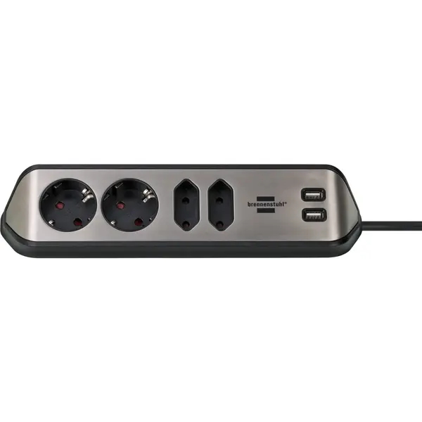 Brennenstuhl Prelungitor pentru perete colt Brennenstuhl Estilo 4 prize, 2 USB, 3.1 A, 2m Inox, Adeziv inclus, Argintiu-Negru