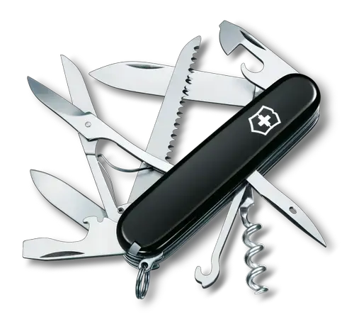Briceag multifunctional Victorinox Huntsman Swiss Army Knife, 15 functii, Lama mica/mare, Tirbuson, Alezor, Perforator si punte de cusut, Foarfece, Ferastrau, Carlig, Breloc, Penseta, Surubelnita (Negru)