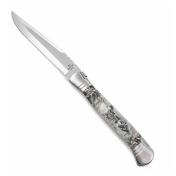 Briceag Pliabil cu Mâner din Lemn și Teacă Textilă DEPOX , 37 cm, design gravură lup