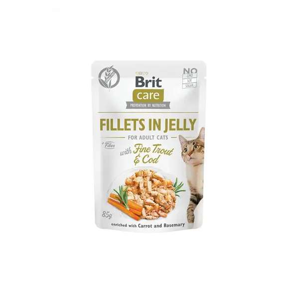 BRIT Care Fillets in Jelly, Păstrăv și Cod, plic hrană umedă fără cereale pisici, (în aspic), 85g