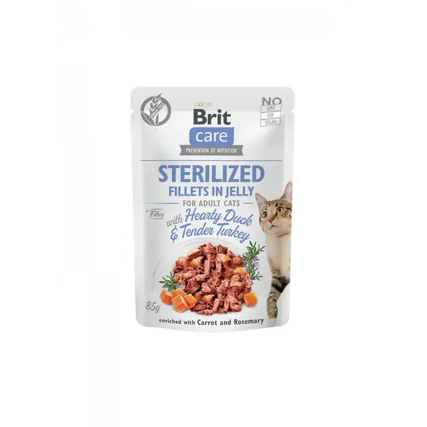 BRIT Care Fillets in Jelly Sterilised, Rață și Curcan, plic hrană umedă fără cereale pisici sterilizate, (în aspic), 85g