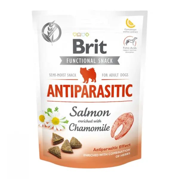 BRIT Care Functional Snack Antiparasitic, Somon cu Mușețel, recompense funționale fără cereale câini, antiparazitar, 150g