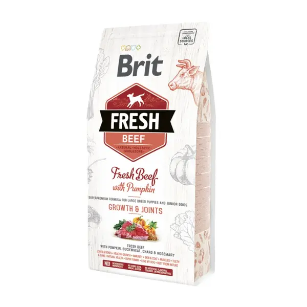 BRIT Fresh Bones & Joints Junior L-XL, Vită cu Dovleac, hrană uscată conținut redus cereale câini junior, 2.5kg