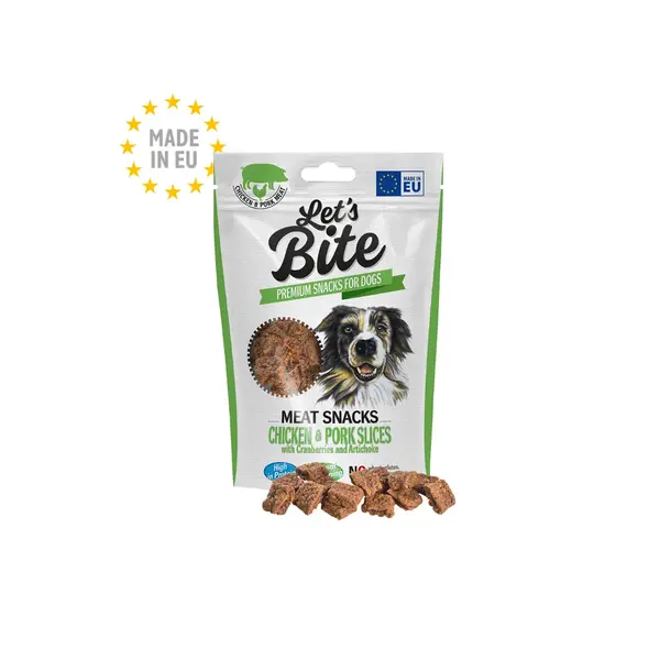 BRIT Let's Bite Meat Snacks Chicken & Pork Slices, XS-XL, Pui și Porc, punguță recompense fără cereale câini, 80g