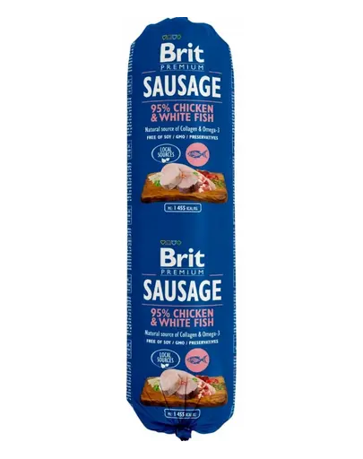 BRIT Sausage Chicken & White Fish 800 g hrana caini, pui si peste alb