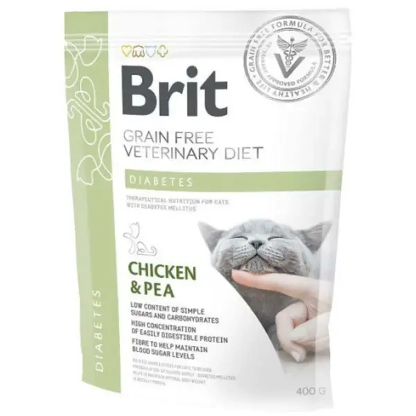 BRIT VD Diabetes, Pui, dietă veterinară, hrană uscată fără cereale pisici, diabet, 400g