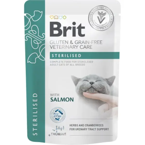 BRIT VD Sterilised, Somon, dietă veterinară, plic hrană umedă fără cereale pisici sterilizate, (în sos), 85g