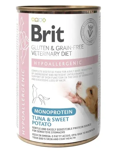 BRIT Veterinary Diet Dog Hypoallergenic Monoprotein Tuna 400g cu ton hrană câini cu alergii și probleme dermatologice