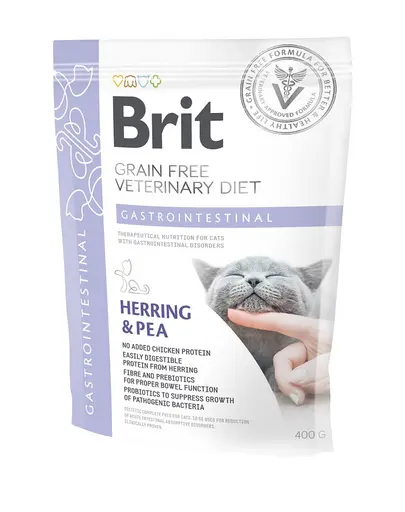 BRIT Veterinary Diets Cat GF Gastrointestinal Low Fat 400 g hrană uscată fără cereale pentru pisici cu sensibilități digestive