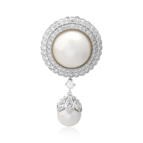 Brosa din aur alb cu perle de cultura de 17.4ct si diamante de 2.08ct