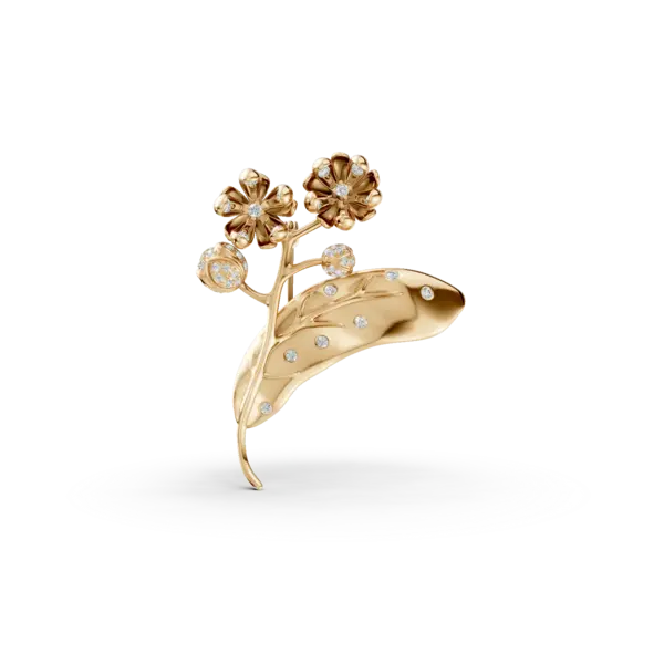 Brosa floare de tei din aur galben cu diamante de 0.1ct