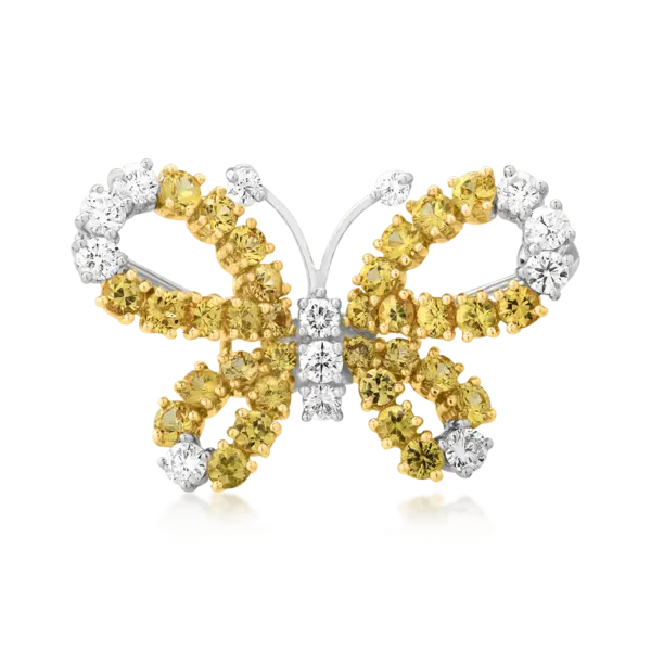 Brosa fluture din aur alb-galben cu safire galbene de 1.92ct si diamante de 0.68ct