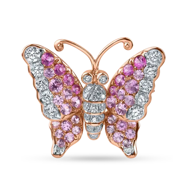 Brosa fluture din aur alb-roz cu diamante de 0.4 si safire roz de 0.8ct